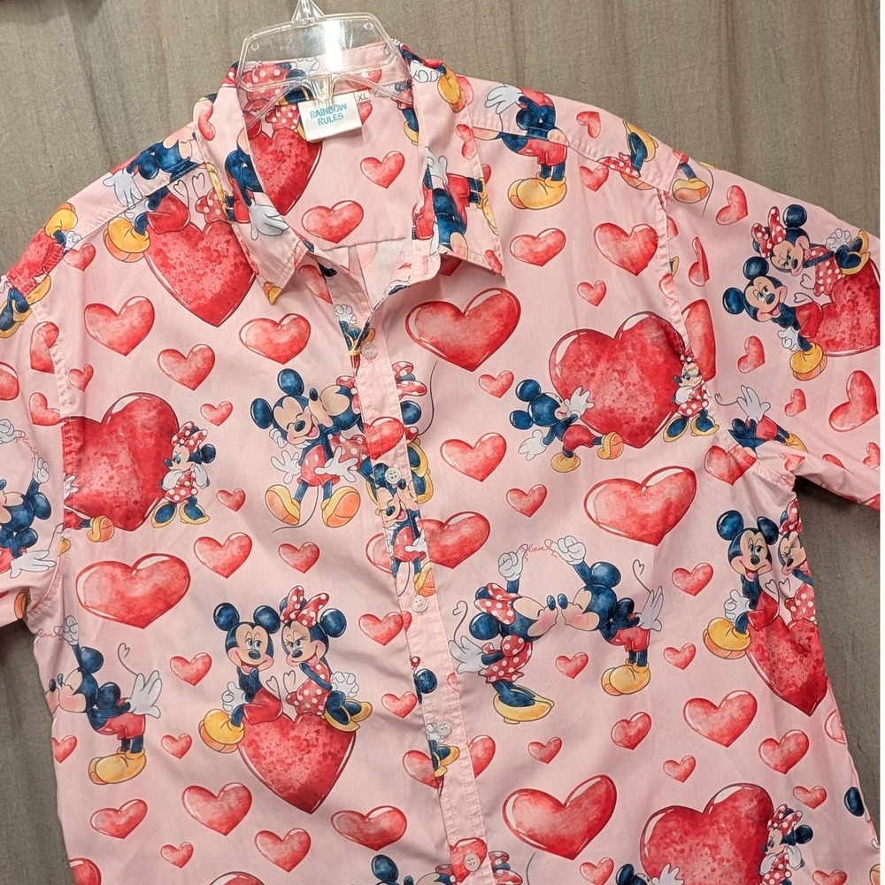 Rainbow Rules Mickey Minnie Mouse Hearts Pink Button Down Shirt Mens XL Disney